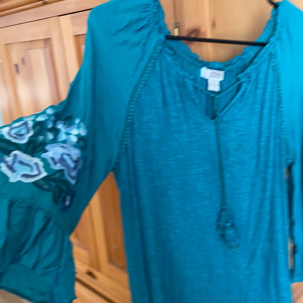 Greenish blue blouse with bell sleeves